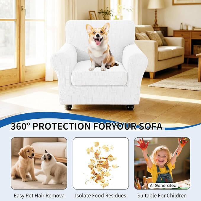 CYCMCAO Stretch 2 Piece Armchair Covers, Non Slip Chair Covers Armchair, Sofa Covers for Pets Washable with Elastic Bottom, Couch Slipcover for Kids, Dogs (Off-White), 31"-46" (1 Cushion) - Image 5