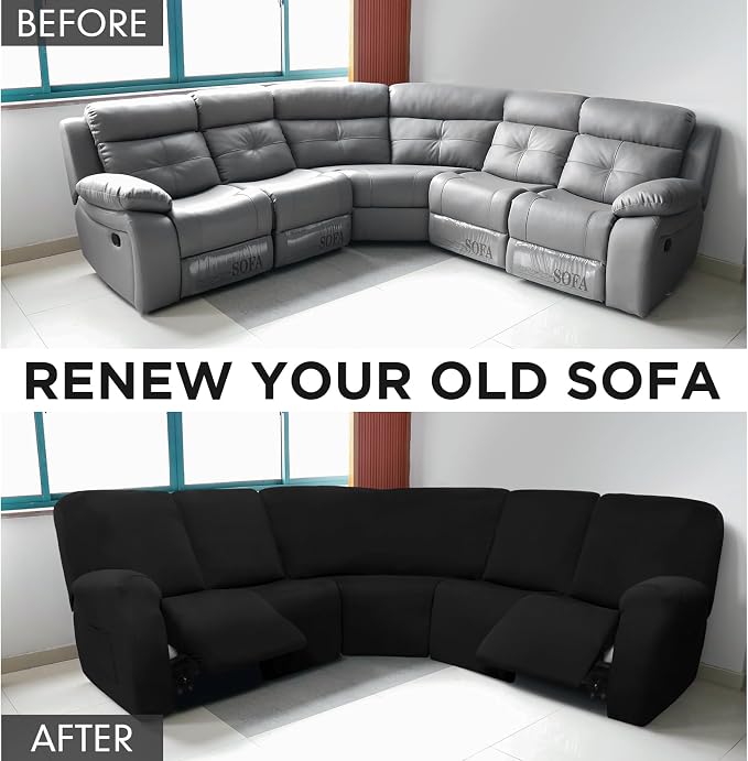 Peryiter 7 Pcs L Shape Sectional Recliner Sofa Covers 5 Seat Sectional Couch Covers Milk Silk Velvet Stretch Reclining Sofa Slipcover Furniture Protector for Living Room(Black,Milk Silk) - Image 4