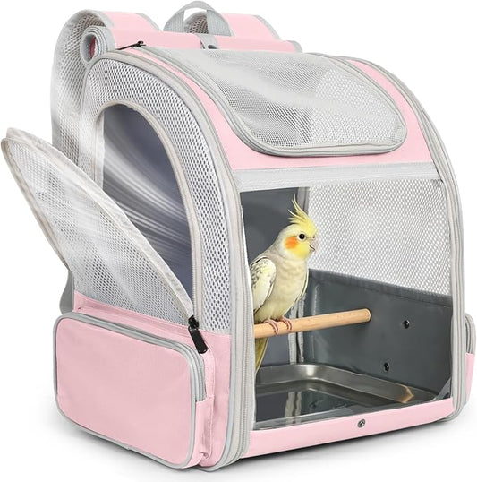 Bird Carrier Backpack for Small to Meidum Bird, Portable Travel Carrier Cage with Standing Perch and Metal Tray (Pink, Backpack Carrier) by Unknown