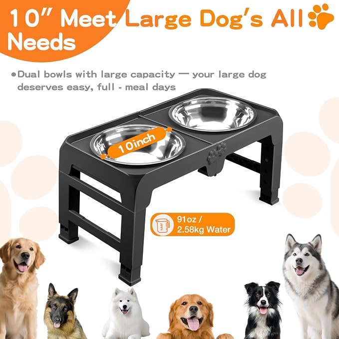 Elevated Dog Bowls for Large Dogs 5 Adjustable Heights 7.5"-15.4", 2 X-Large 10” Stainless Steel Bowls, Heavy Duty Raised Dog Bowl Stand Foldable Pet Feeder for Dogs Shoulder Height Over 15”, Black - Image 3