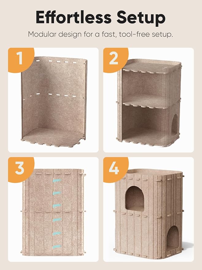 FUKUMARU Cat House for Indoor Cats, Warm Felt Cat Bed, Scratch Resistant | Large Cat Bed Cave, 3-in-1 Cat Condo, Cozy Felt Covered Cats Tunnel, 23.62 Inch Kitten Hideaway for Multicats, Beige - Image 9