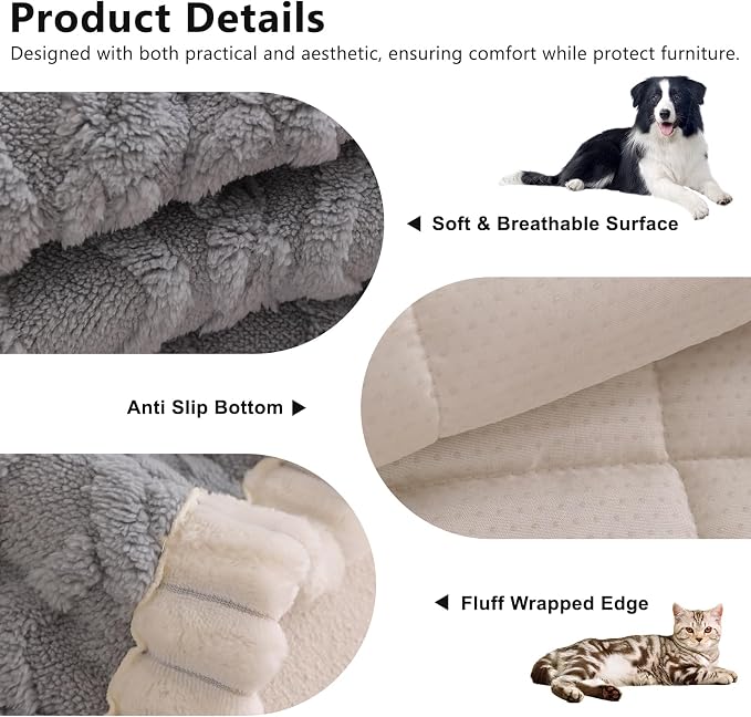 DREAMINGO Fuzzy Pet Couch Cover with Geometric Jacquard, Washable & Non-Slip Sofa Covers for 3 Cushion Couch, Plush Dog Bed Mat for Sofa Cushion Protector 27.6x70.9 Inch, Light Grey - Image 2