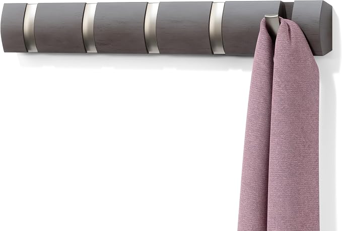 Umbra Flip Coat Rack, Wall Mounted 5-Hook Space Saving, Driftwood/Nickel | Real wood and steel build, retractable hooks fold flat, holds coats bags and scarves, easy install by Umbra