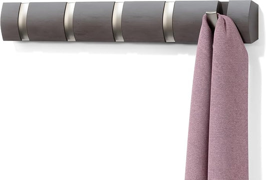 Umbra Flip Coat Rack, Wall Mounted 5-Hook Space Saving, Driftwood/Nickel | Real wood and steel build, retractable hooks fold flat, holds coats bags and scarves, easy install by Umbra