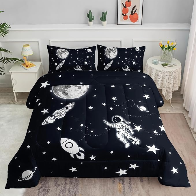 Astronaut Space Rocket Comforter Set 3D Printed Bedding Set with 1 Comforter and 2 Pillowcases for Boys and Girls Bedroom All Season(Space Full) by SmellSunshine
