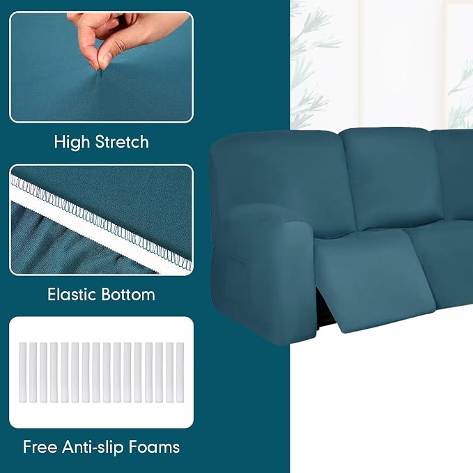 Peryiter 7 Pcs L Shape Sectional Recliner Sofa Covers 5 Seat Sectional Couch Covers Milk Silk Velvet Stretch Reclining Sofa Slipcover Furniture Protector for Living Room(Peacock Blue,Milk Silk) - Image 5