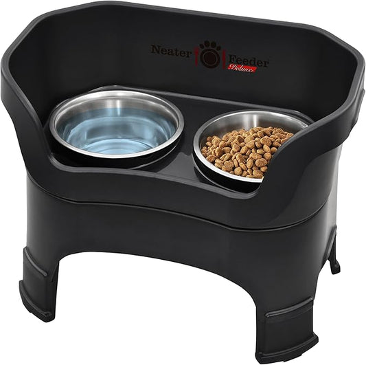 Neater Feeder Deluxe Mess-Proof Elevated Dog Bowls for Large Dogs (40+ lbs), 2 Height Adjustable (14.5” & 17.5”) No-Spill Raised Dog Bowl Stand, Stainless Steel Food Bowl Set, Made in USA, Black by NeaterPetBrands