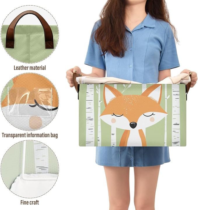 Woodland Cute Cartoon Fox Baby Storage Basket with Labels&Handles Forest Animal Fox Nursery Storage Bins Collapsible Shelf Organizer Baskets for Kids Books Cloth Gift Basket Toys Laundry - Image 4