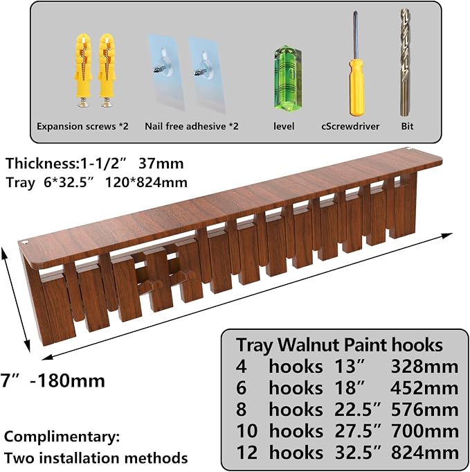 Wall Mounted Coat RackHooks Piano Key Hangers Natural Solid Wood Hanger Non-Woven Fabric Clothes Hangers for Closet, Kitchen, Bedroom, Bathroom, Entryway (Tray-Walnut, 12 Hooks) - Image 8