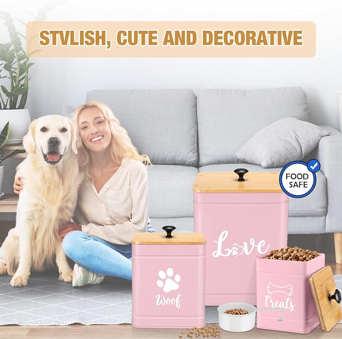 Jingmore Metal Dog Treat Containers Set of 3 with Bamboo Lids and Spoon Airtight 7+3+2 lbs Dog Food Snack Jars with DIY Labels Big Pet Cookie Storage Jar for Kitchen Counter (Pink,Funny) - Image 6