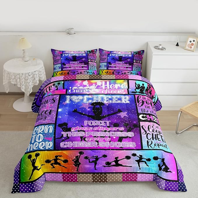 Gymnastics Athlete Silhouette Comforter Set Queen Size,Cheerleading Dance Spin Bedding 3pcs for Kids Teens Girly Room Decor,Geometric Plaid Dot Quilt Set,Purple Stylish Duvet Insert,2 Pillowcases - Image 4