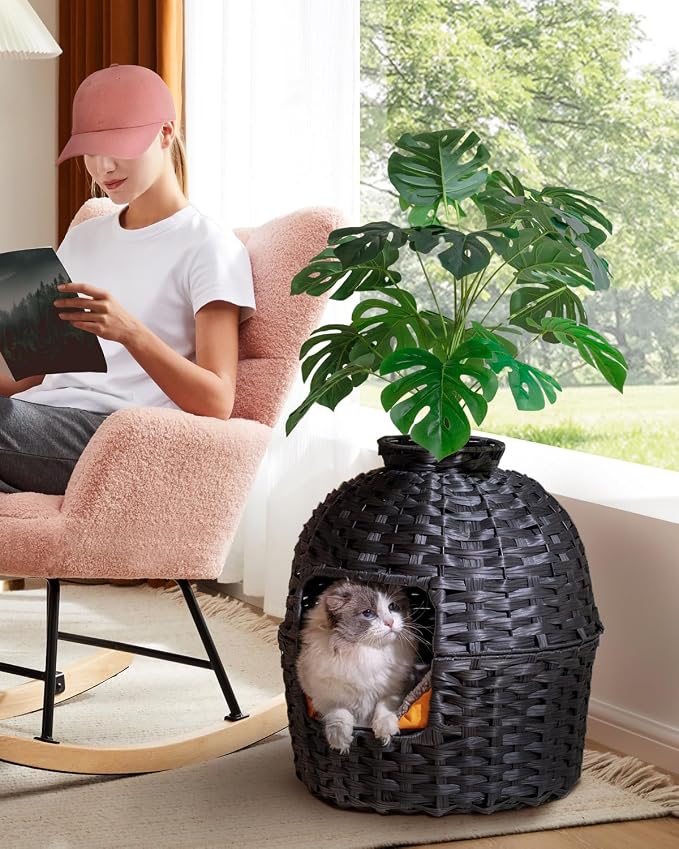 SETVSON Cat Litter Box Plant Furniture Enclosure, PE Rattan House, Black | Decorative Planter Design, Easy Clean, Artificial Plants & Real Stones Included, Private Inner Litter Box, 20" x 20" Compact - Image 6