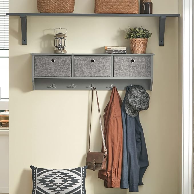 SoBuy Wall Shelf with Hooks, Coat Rack Wall Mount with Shelf Entrywall Storage Cabinet Unit with 3 Baskets 5 Hooks, Grey, FRG282-HG - Image 2