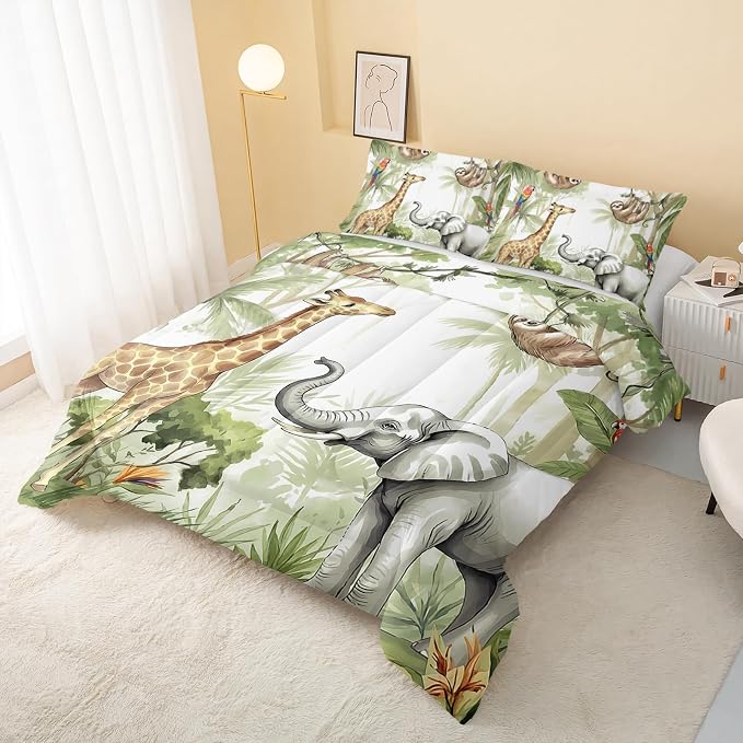 QOOMO Elephant Giraffe Monkeys Comforter Queen Size,Wild Animals Kids Bedding Set,3Pcs Bedding Set Printed Comforter with 2 Pillowcases,Down Alternative,Soft and Lightweight,for All Seasons - Image 3