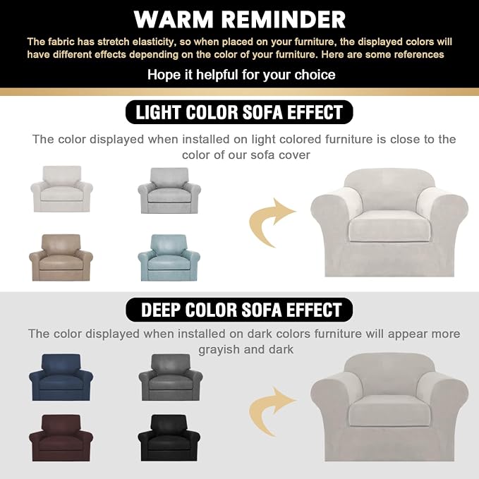PrinceDeco Velvet Plush Couch Cover Stretch 2 Piece Chair Cover Chair Slipcover Washable Furniture Protector Couch Soft with Elastic Bottom Armchair Cover Width Up to 49 Inch(Small, Oatmeal) - Image 2