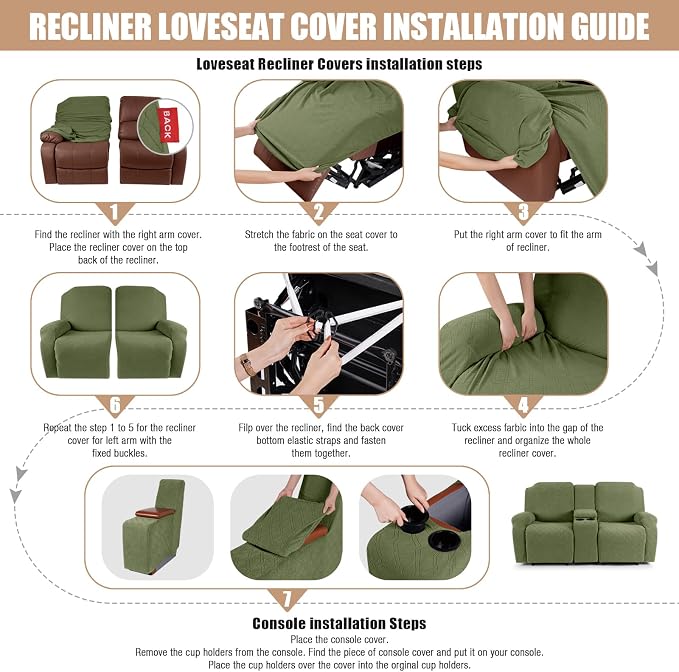 VANSOFY Stretch Recliner Loveseat Cover with Middle Console, Army Green | 4-Pieces, Soft Furniture Protector, Washable Slipcover with Pocket, Pets Sofa Cover, High Stretchy fabric Couch Cover - Image 6