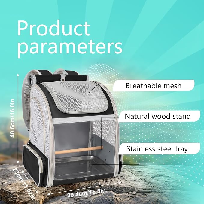 Bird Carrier Backpack for Small to Meidum Bird, Portable Travel Carrier Cage with Standing Perch and Metal Tray (Black, Backpack Carrier) - Image 2