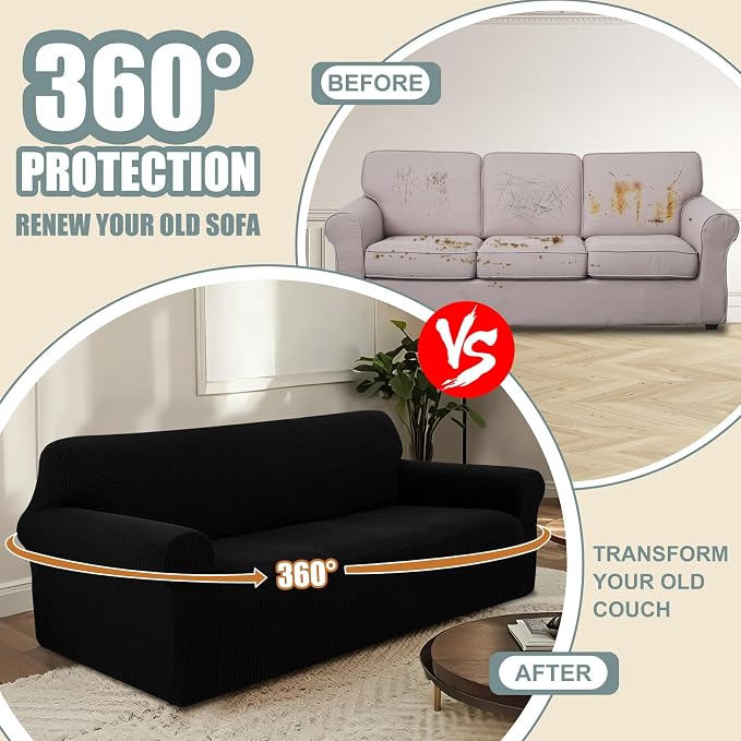 Stretch Couch Covers for Sofa Washable, Large, Black | 3seat sofa covers for 3 cushion couch, Furniture Protector Couch Slipcover cubre sillones para sala for Kids, Dogs - Image 4