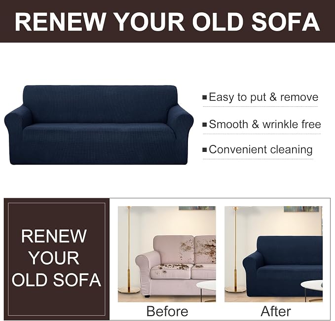 U-NICE HOME Oversized Stretch Couch Cover Slipcover, Navy | 3 Cushion Sofa, 1-Piece Sofa cover, Washable, Pet friendly, Furniture protector, Polyester Spandex Jacquard fabric - Image 5