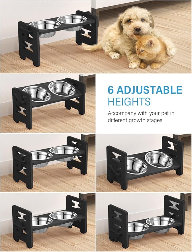 Vantic Elevated Dog Bowls, Raised Dog Bowl Stand Adjustable Small, Black | Bamboo Elevated Feeder with 2 Stainless Steel Bowls, Adjustable Height Stand for Small Puppies and Cats - Image 3