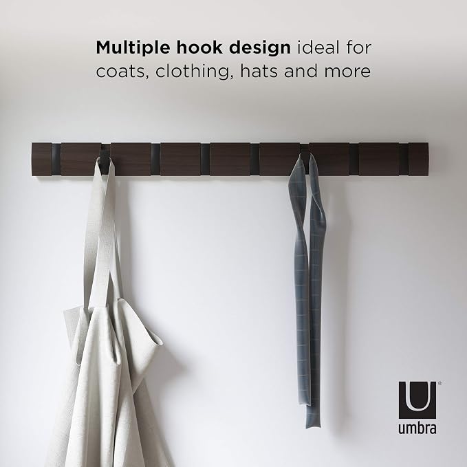 Umbra Flip Coat Rack, Wall Mount 8-Hook, Space Saving, Walnut/Black | Real wood and steel build, retractable hooks fold flat, holds coats bags and scarves, easy install - Image 7