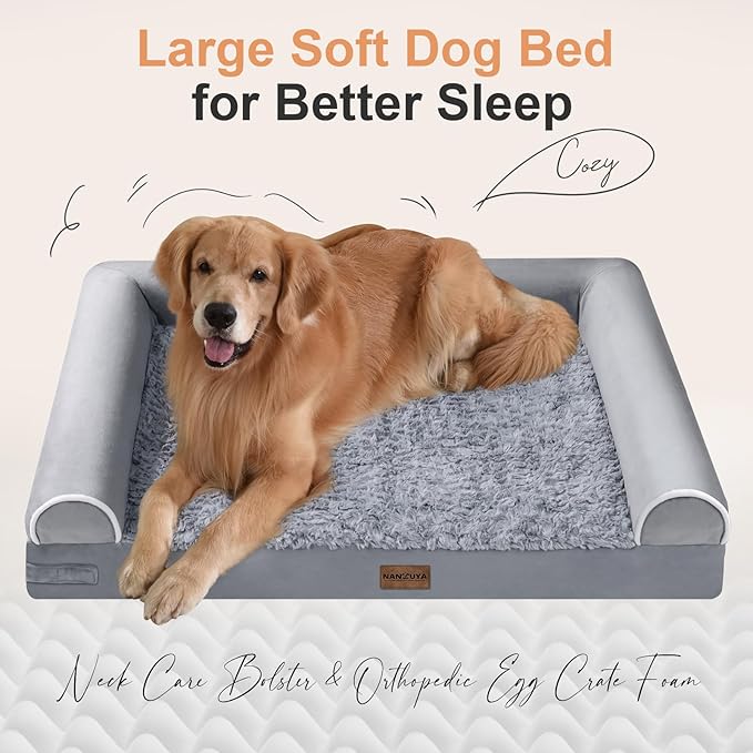 NANUYA Orthopedic Dog Bed for X-Large Dogs, 40 x 32 Inch, Light Grey | Egg crate foam for joint support, 3-sided bolster pet sofa, waterproof lining, washable cover, and non-skid base - Image 2