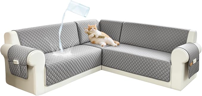 Sectional Couch Covers for Dogs 100% Waterproof Corner L Shaped Sofa Cover Pet Friendly Velvet Washable Anti Slip L Shape Modular Sofa Slipcover Protector with Pockets (Silver Gray, Large) by SYJOVIA