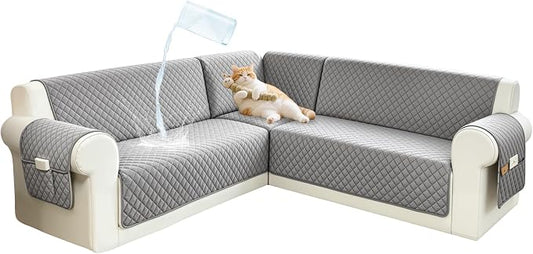 Sectional Couch Covers for Dogs 100% Waterproof Corner L Shaped Sofa Cover Pet Friendly Velvet Washable Anti Slip L Shape Modular Sofa Slipcover Protector with Pockets (Silver Gray, Large) by SYJOVIA