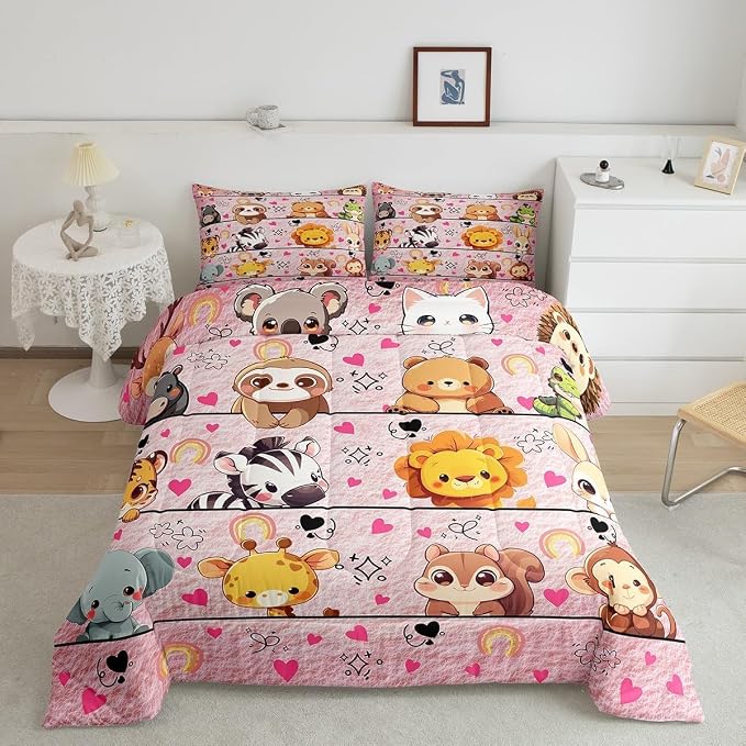 Manfei Cartoon Animals Bed Comforter Set Queen Size,Cute Wildlife Animals Super Soft Microfiber Bedding Set for Adults Men,Zebra Tiger Giraffe Girly Pink Decorative Comforter Set,3 Pcs by Manfei
