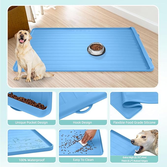 Pet Mats for Food and Water - 39.4" x 27" Thickened Large Dog Food Mat | Waterproof Pet Bowl Mat with Residue Collection Pocket and High Edges to Prevent Water and Food Spills - Blue - Image 6
