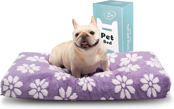 Cute Fluffy Dog Beds for Small Medium Dogs, 30"x 20", Purple Flower | Thick Dog Bed for Crate Kennel, Pet Bed with Removable Washable Cover, Anti-Slip Bottom by Yaning