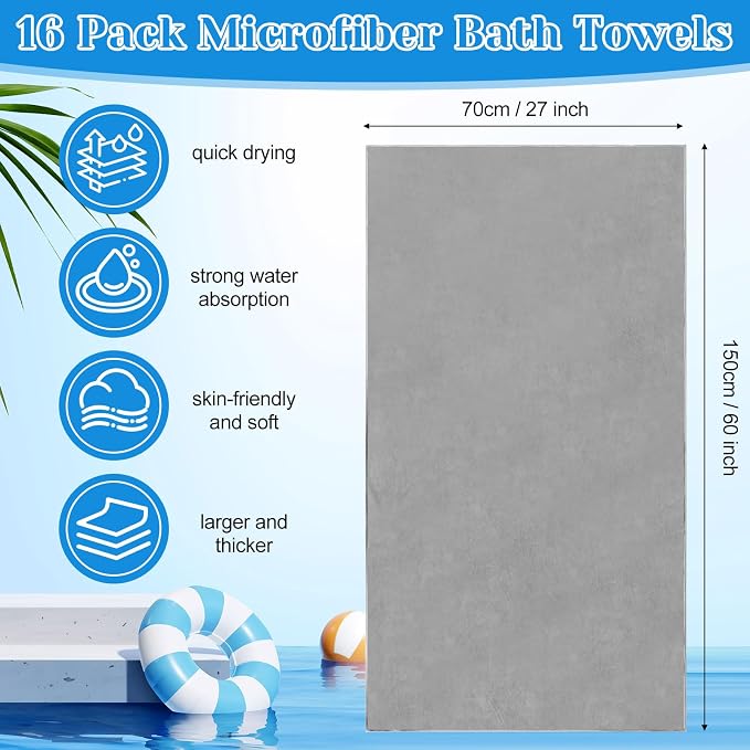 SmoothNovelty 16 Pack Microfiber Bath Towels Bulk 27'' x 60'' Oversized Beach Towel Highly Absorbent Extra Large Soft Drying for Shower Pool Salon Sauna Bathroom Gym Party (Simple,Light Grey) - Image 2