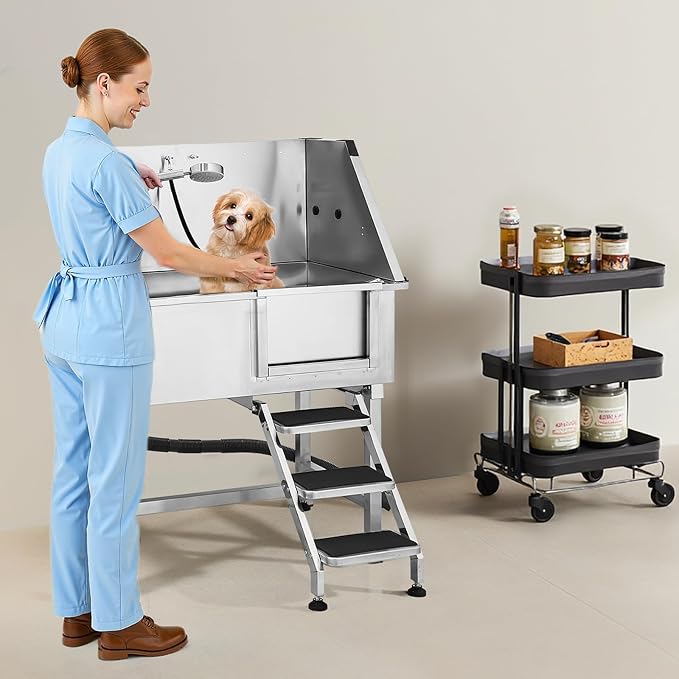 VEVOR 38 Inch Stainless Steel Dog Washing Station, Pet Grooming Tub with Hot & Cold Faucet, Showerhead, Home Wash Sink, Fits Small and Medium Cats and Dogs, Non-Slip Stairs (Right Door) - Image 8