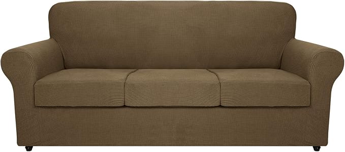 MAXIJIN 4 Piece Couch Covers for 3 Cushion Couch Super Stretch Sofa Cover for Dogs Pet Proof Fitted Furniture Protector Spandex Jacquard Non Slip Magic Couch Slipcover Washable (Large, Brown) by MAXIJIN