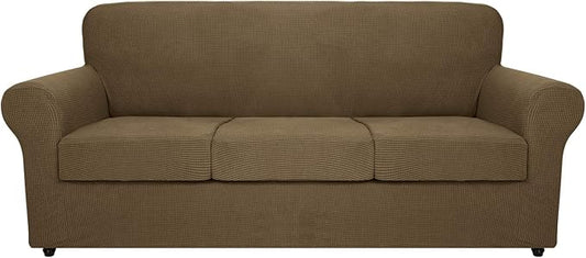 MAXIJIN 4 Piece Couch Covers for 3 Cushion Couch Super Stretch Sofa Cover for Dogs Pet Proof Fitted Furniture Protector Spandex Jacquard Non Slip Magic Couch Slipcover Washable (Large, Brown) by MAXIJIN