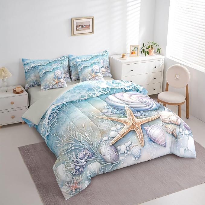 Erosebridal Blue Ocean Coastal Theme Bed in A Bag, Summer Beach Nautical Comforter Set with Sheets Twin for Kids Boys Girls, Shell Coral Starfish 7 Pcs Bedding Set, Seawaves Ocean Life Bed Sets - Image 2