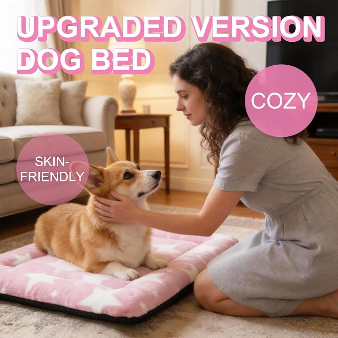 Washable Dog Bed Mat With Anti-Slip Bottom, Deluxe Plush Memory Foam Crate Pad & Waterproof Outdoor Kennel Mat For Dogs & Cats-Durable Crates Beds, Large Medium Small Puppy Size 30" x 20",pink - Image 2