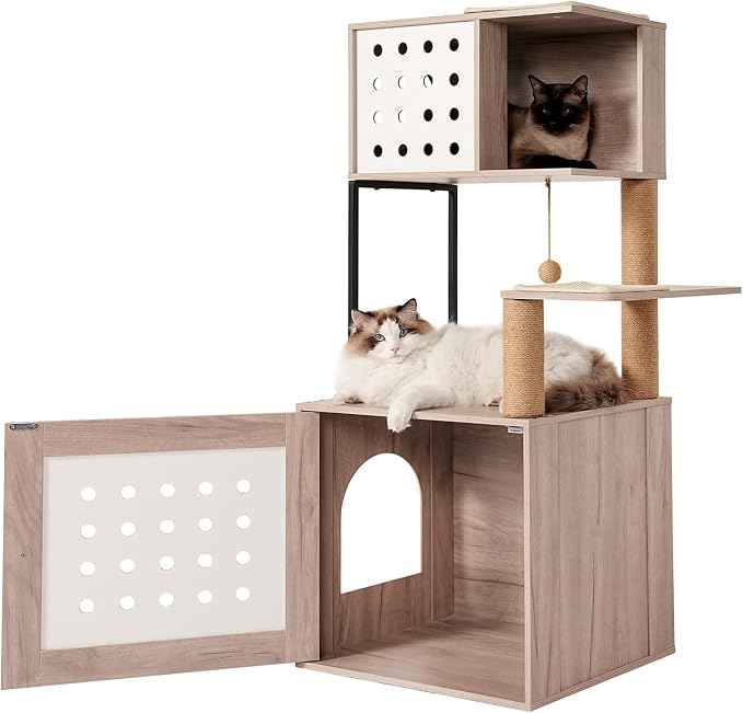 Cat Tree with Litter Box Enclosure, All-in-one Cat Tower for Indoor Cats with Large Hammock, Bed, Food Station, Scratching Posts, Modern Style Pet Furniture, Gray+White - Image 7