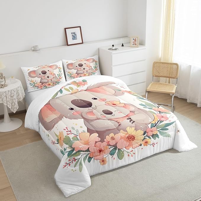 Cartoon Koala Baby Comforter Set Pink Flowers Decor Quilted Duvet, Cute Animal Floral Style Bedding Set for Kids Girls Boys Teens, Microfiber Polyester for Dormitory Bedroom, Queen Size White - Image 4