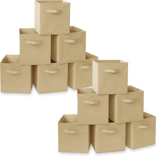 Casafield Set of 12 Collapsible Fabric Cube Storage Bins, Sandy Beige - 11" Foldable Cloth Baskets for Shelves, Cubby Organizers & More by Casafield