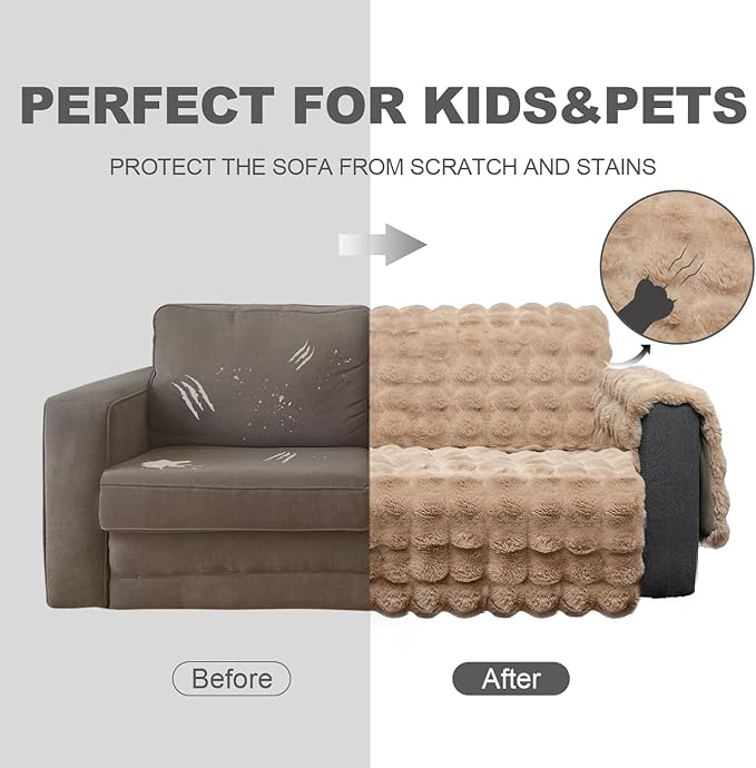 Plush and Fuzzy Shaggy Couch Cover, Dog Pad Faux Fur Sofa Cover, Water Resistant Slipcover, Non-Slip Furniture Protector for Kids,Dogs,Cats.(Light Brown-Bubble, Small-XL Chair) - Image 5