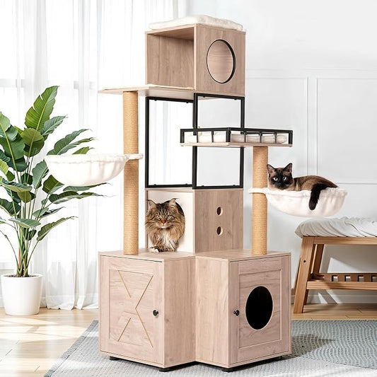 Cat Tree with Litter Box Enclosure, 63" Multi-Functional Cat Tree with Litter Box - Includes Removable Washable Cushion, Scratching Posts & Toy Hanger, Modern Design, Rustic Gray by FocusOnHome