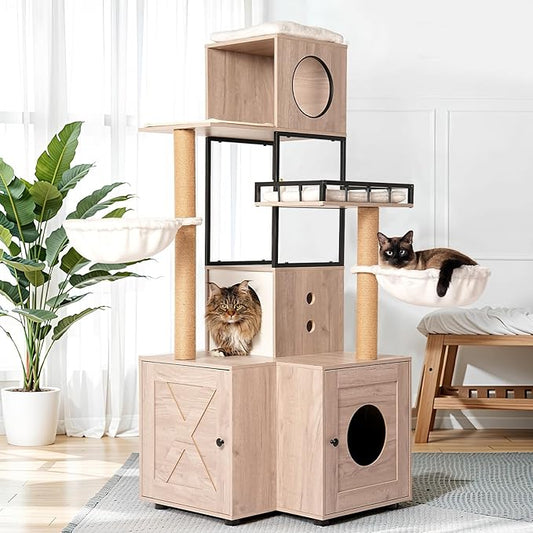 Cat Tree with Litter Box Enclosure, 63" Multi-Functional Cat Tree with Litter Box - Includes Removable Washable Cushion, Scratching Posts & Toy Hanger, Modern Design, Rustic Gray by FocusOnHome