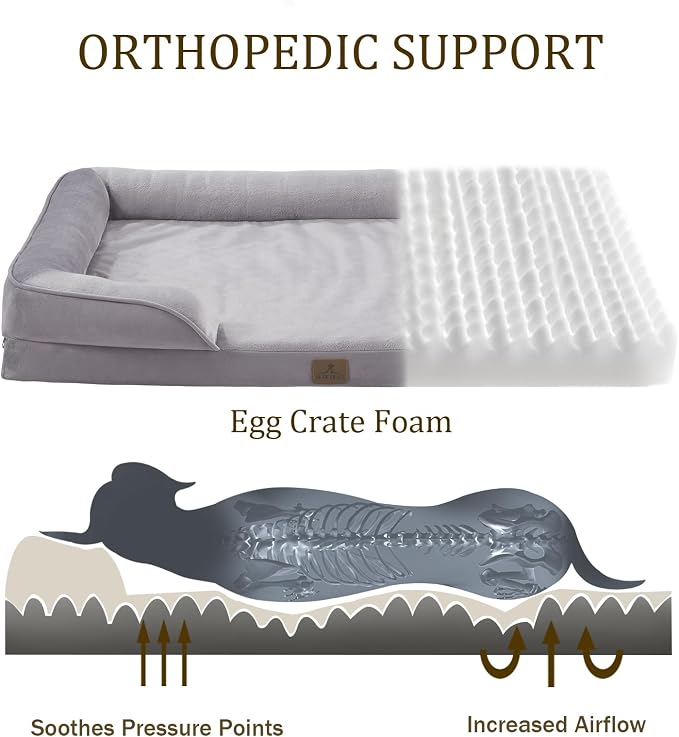 Bedfolks Orthopedic Dog Bed, Waterproof Dog Sofa Bed for Large Dogs, Egg Foam Pet Couch Bed with Removable Washable Cover and Nonslip Bottom, Light Grey - Image 2