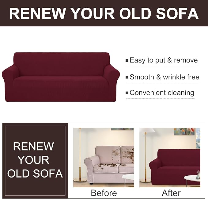 U-NICE HOME Loveseat Cover Stretch Couch Cover Sofa Slipcover, Burgundy | 2 Cushion Sofa, 1-Piece Sofa cover, Washable, Pet friendly, Furniture protector, Polyester Spandex Jacquard fabric - Image 5