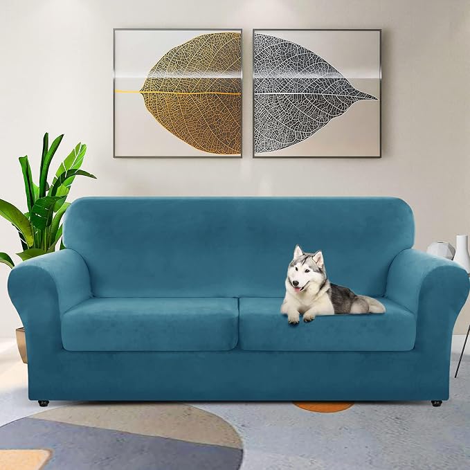 ZNSAYOTX Oversized Velvet 3 Piece Couch Cover with 2 Extra Large Seat Cushion Covers Stretch Sofa Cover for 2 Cushion Couch Thick Soft Loveseat Sofa Slipcover (Peacock Blue), 72"-92"(2 Cushions) - Image 2