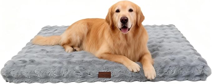 Orthopedic Dog Beds for XL Dogs, Fluffy Faux Rabbit Fur Pet Bed with Removable Washable Cover, Dog Bed Mat with Egg Crate Foam & Waterproof Lining, Anti Slip Bottom, Blue-Grey,44"x32"x4" by VhenWhen