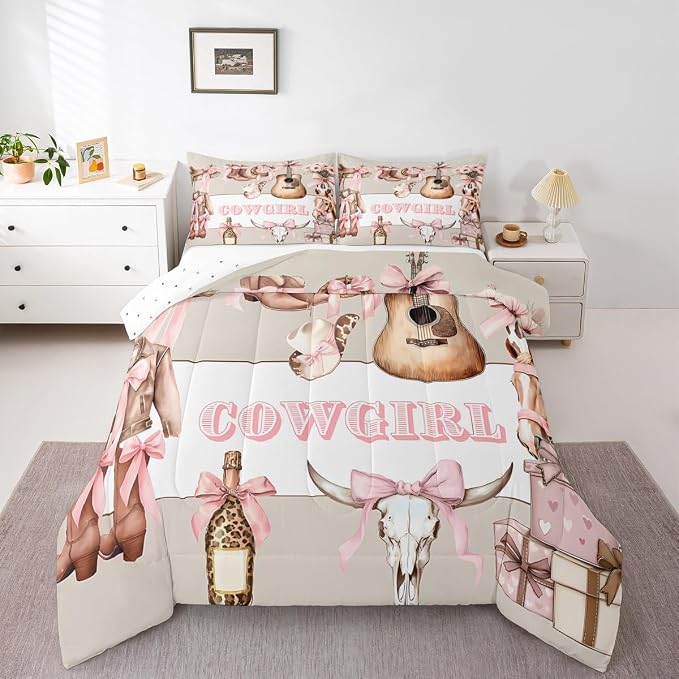 Manfei Pink Bowknot Cowgirl Comforter Set King Size,Retro Farmhouse Guitar Bedding Set for Kids Girls Boys Room Decor,Girly Bows Horse Soft Duvet Insert for All Season,2 Pillowcase,Beige Pink - Image 5