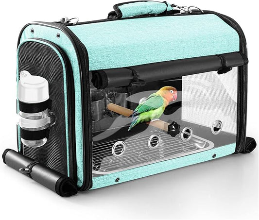 Bird Carrier Bag with Stand, Lightweight Backpack for Parrot, Portable Cockatiel Travel Cage with Accessories, Pet Transparent Breathable Carrier, Green by Suertree