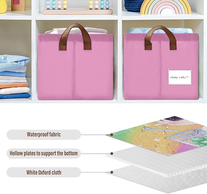 Cute White Cat Rainbow Colorful Baby Storage Basket with Labels&Handles Rectangular Nursery Storage Bins Collapsible Shelf Organizer Baskets for Kids Books Cloth Gift Basket Toys Laundry, 2 Pack - Image 5